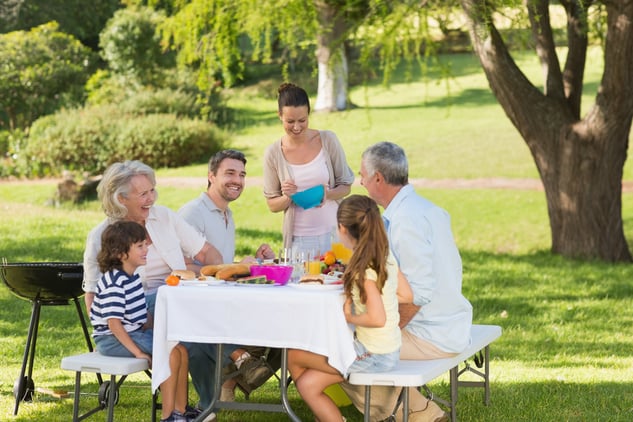 View of extended family dining at outdoor table