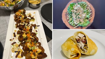 Three images of coronation chicken - left is chicken drumsticks on a white platter, top right is chopped chicken on lettuce leaves and bottom right is coronation chicken inside crepes